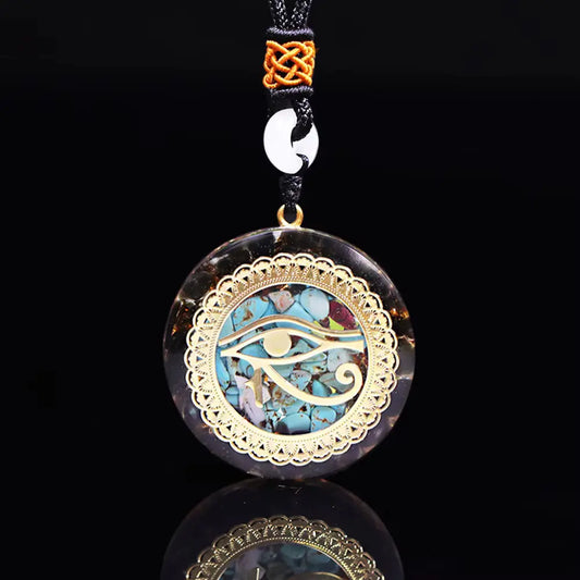 Collier Pendentif orgonite oeil d'Horus turquoise-Obsidienne mapierredeprotection