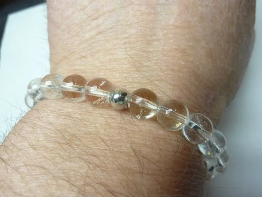 Bracelet en Quartz cristal de roche naturel transparent à perles rondes monté sur fil élastique, pour clarté mentale et énergie alignée.
