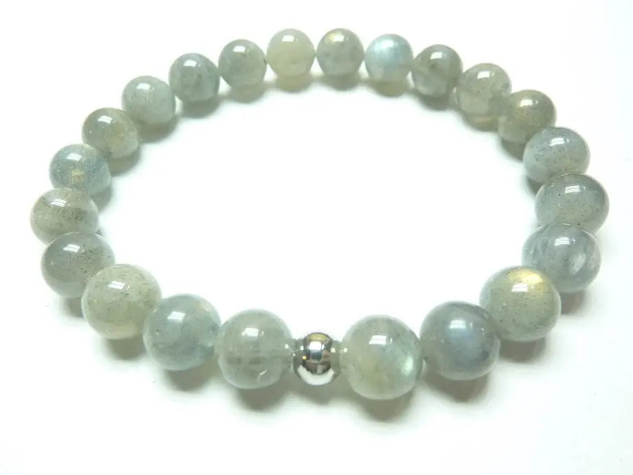 Bracelet en labradorite naturelle qualité AAA avec perles rondes et fil élastique, bijou de protection énergétique et intuition.