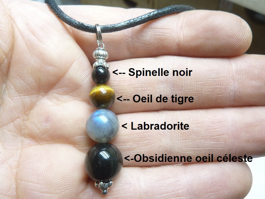 Pendentif protection puissante oeil de tigre-obsidienne oeil céleste-labradorite-spinelle noir