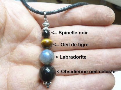 Pendentif protection puissante oeil de tigre-obsidienne oeil céleste-labradorite-spinelle noir