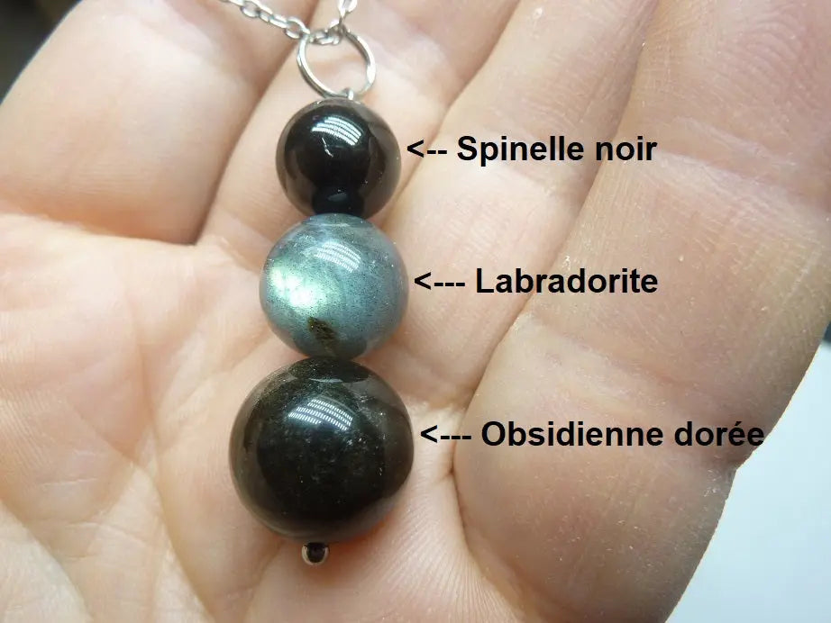 Pendentif Obsidienne dorée-Labradorite-Spinelle noir + chaine acier inoxydable 50 cm mapierredeprotection