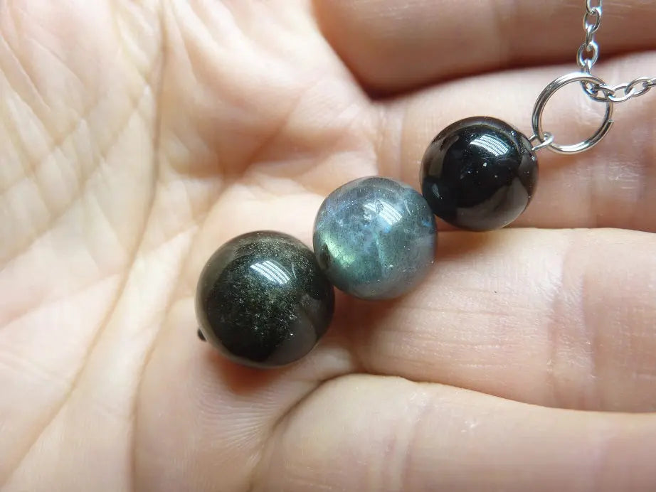 Pendentif Obsidienne dorée-Labradorite-Spinelle noir + chaine acier inoxydable 50 cm mapierredeprotection