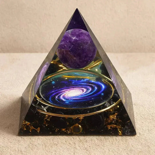 Orgonite Galaxie pyramide en améthyste et obsidienne noire pour protection et énergie cosmique