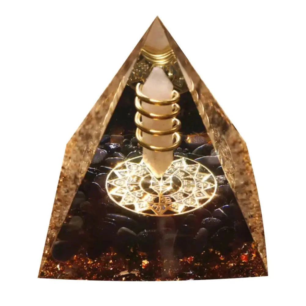 Orgonite Fleur de Lotus pyramid with amethyst stone and golden spiral energy coil for meditation and spiritual healing