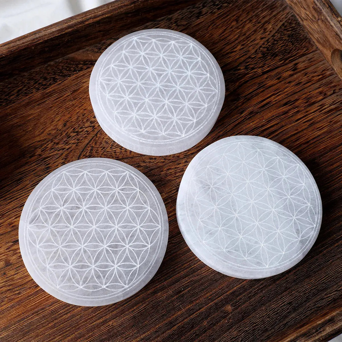 Plaque de Rechargement en Sélénite Fleur de Vie MaPierreDeProtection®