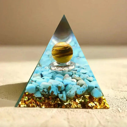 Orgonite Protection et Sérénité pyramide en turquoise et œil de tigre pour apaisement énergétique et harmonie intérieure