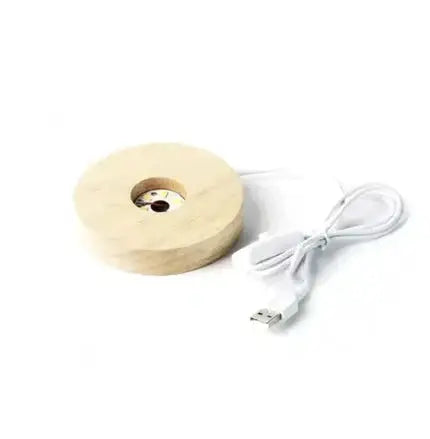 Base LED en bois ronde avec éclairage USB pour mise en lumière d'Orgonites et cristaux.